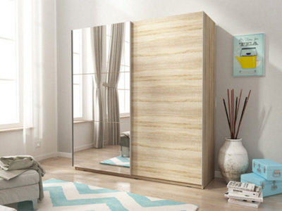 Mika 2 Contemporary Mirrored Wardrobe 1 Mirror Door 8 Shelves 1 Long Rail Sliding Door Oak Effect H 2140mm W 2000mm D 630mm
