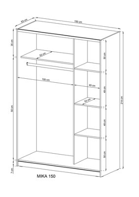 Mika 3 Contemporary Mirrored Wardrobe 4 Shelves 1 Hanging Rail 2 Sliding Door in White Matt Finish (H)2140mm (W)1500mm (D)630mm