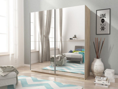 Mika 3 Contemporary Mirrored Wardrobe 8 Shelves 1 Long Rail 2 Sliding Doors Oak Effect (H)2140mm (W)2000mm (D)630mm