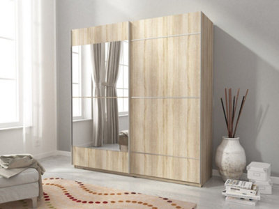 Mika 4 Contemporary 2 Sliding Door Wardrobe 1 Mirror Door 4 Shelves 1 Hanging Rail Oak Effect (H)2140mm (W)1500mm (D)630mm