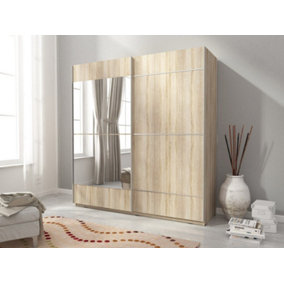 Mika 4 Contemporary 2 Sliding Door Wardrobe 1 Mirror Door 4 Shelves 1 Hanging Rail Oak Effect (H)2140mm (W)1500mm (D)630mm