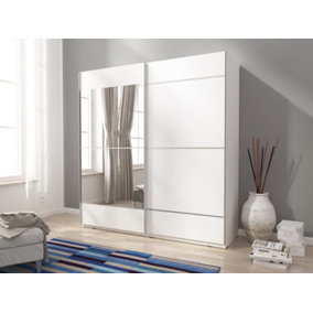 Mika 4 Contemporary 2 Sliding Door Wardrobe 1 Mirror Door 4 Shelves 1 Hanging Rail White Matt Finish (H)2140mm (W)1500mm (D)630mm