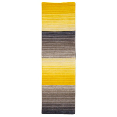 Miko Ochre Grey Stipe Modern Woolen Runer Rug For Hallway - Extra Long 70x300cm