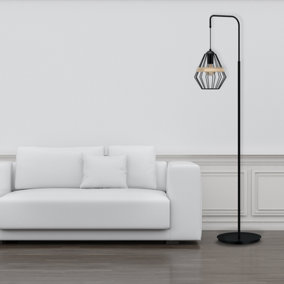 Milagro Cliff Black Floor Lamp Hand Made Matt Black Cage Style Lamp With Natural Wood Detail