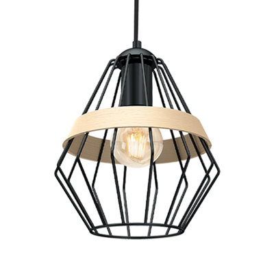Milagro Cliff Black Pendant Lamp 1XE27 Hand Made Matt Black Cage Style Lamps With Natural Wood Detail