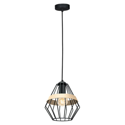 Milagro Cliff Black Pendant Lamp 1XE27 Hand Made Matt Black Cage Style Lamps With Natural Wood Detail