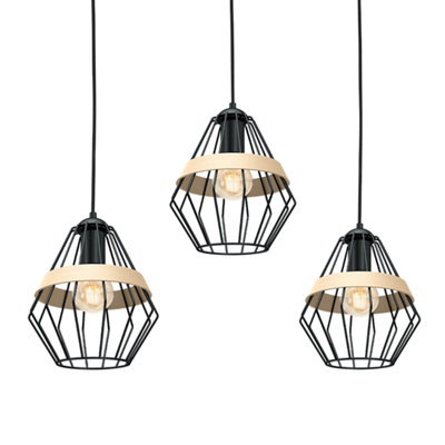 Milagro Cliff Black Pendant Lamp 3XE27 Hand Made Matt Black Cage Style Lamps With Natural Wood Detail