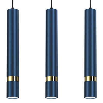 Milagro Joker Contemporary Pendant Lamp 3XGU10 Hand Made Cylindrical Style Lights Finished in Navy Blue With Striking Gold Detail