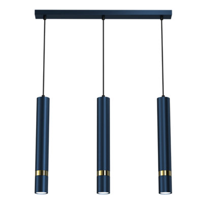 Milagro Joker Contemporary Pendant Lamp 3XGU10 Hand Made Cylindrical Style Lights Finished in Navy Blue With Striking Gold Detail
