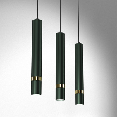 Milagro Joker Contemporary Pendant Lamp 3XGU10 Hand Made Cylindrical Style Lights Finished in Rich Green With Striking Gold Detail