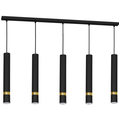 Milagro Joker Contemporary Pendant Lamp 5XGU10 Hand Made Cylindrical Style Light Finished in Matt Black With Striking Gold Detail