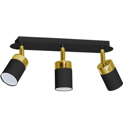 Milagro Joker Triple Spot Hand Made Ceiling Lamp In Matt Black With Luxurious Gold Detail With Slender Cylindrical Shades