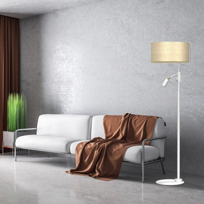 Milagro Marshall Hand Made Designer Floor Lamp In Matt White Metal And Natural Rattan Coloured Fabric