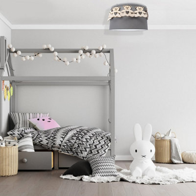 Milagro Mis Grey Ceiling Lamp 1XE27 Beautifully Hand Made From Contemporary Grey Fabric With Natural Wooden Teddybears