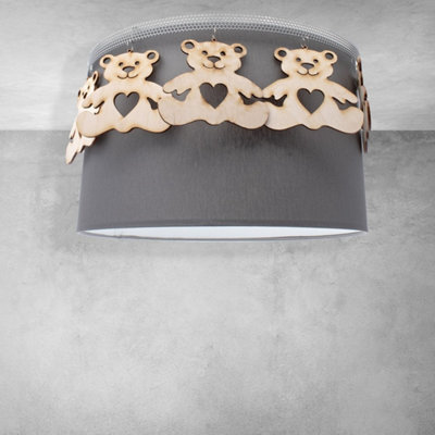 Milagro Mis Grey Ceiling Lamp 1XE27 Beautifully Hand Made From Contemporary Grey Fabric With Natural Wooden Teddybears