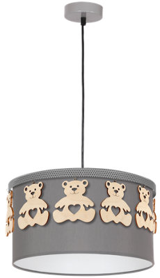 Milagro Mis Grey Pendant Lamp 1XE27 Beautifully Hand Made From Contemporary Grey Fabric With Natural Wooden Teddybears
