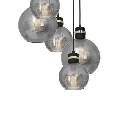 Milagro Omega Black/Gold Pendant Lamp 5XE27 With Elegant Smoked Glass Spheres Quality Matt Black Fittings With Gold Detail