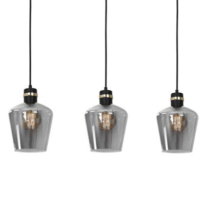Milagro Richmond Black/Gold Pendant Lamp 3XE27 Stunning Hand Made Smoked Glass Quality Matt Black Fittings With Gold Detail