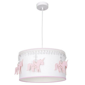 Milagro Uni 37CM Ceiling Lamp 1XE27 Hand Made In Quality White Fabric With Crystals and Delicate Pink Wooden Unicorn Motifs