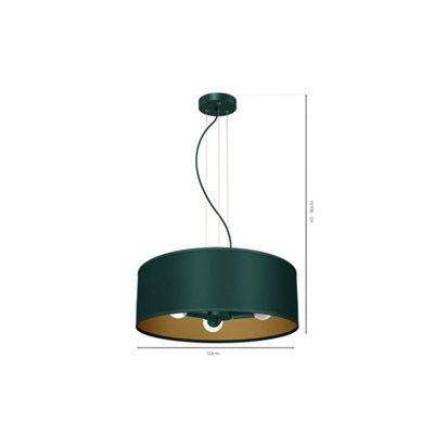 Milagro Verde Pendant Lamp 3XE27 50cm Scandi Style Hand Made Lamp Range In Rich Green With Golden Accents
