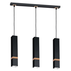 Milagro Vidar Black Pendant Lamp 3XGU10 Hand Made Modernist Cuboid Design With Natural Wooden Inserts