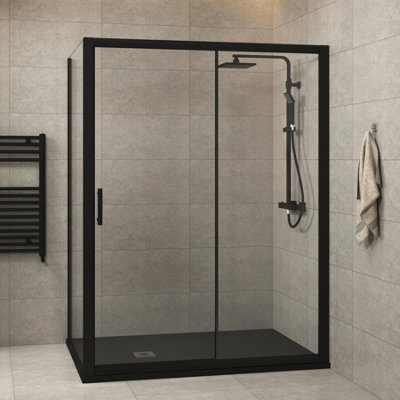 Milan 1400 x 700mm Matt Black Sliding Door Shower Enclosure Rectangular with Side Panel 6mm Safety Tempered Glass Screen