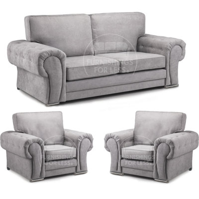Milan Fabric 3 Piece Sofa Suite Grey Full Back 3 Seater and 2 Matching Armchairs -  3 1 1
