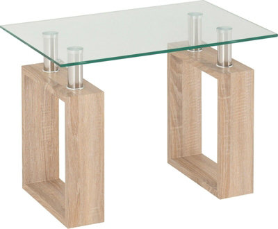 Milan Glass Lamp End Side Table in Oak Veneer