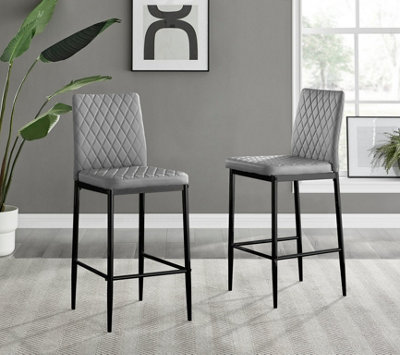 Milan Grey Diamond-Stiched Faux Leather Black Leg Padded Bar Stools ...