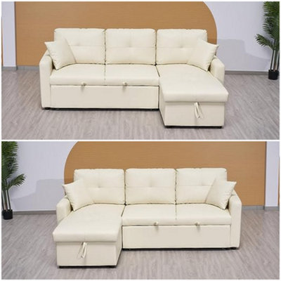 Milano 3 Seater L Shape Pullout Sofa Bed with Deep Storage Compartment & Reversible Chaise - Beige