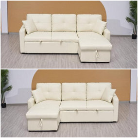 Milano 3 Seater L Shape Pullout Sofa Bed with Deep Storage Compartment & Reversible Chaise - Beige