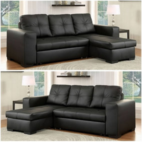 Milano 3 Seater L Shape Pullout Sofa Bed with Deep Storage Compartment & Reversible Chaise - Black