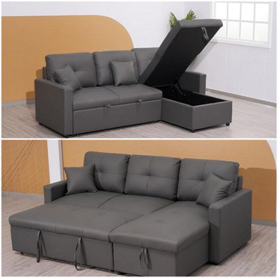 Milano 3 Seater L Shape Pullout Sofa Bed with Deep Storage Compartment & Reversible Chaise  - Grey