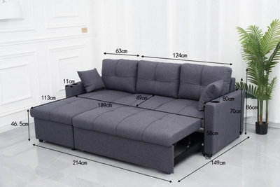 Milano 3 Seater L Shape Pullout Sofa Bed with Deep Storage Compartment & Reversible Chaise  - Grey