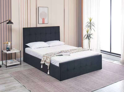 Milano Black Velvet Ottoman Storage Bed Gas Side Lift Bed Frame Cushioned High Headboard 110CM Height 4FT Small Double Bed Frame