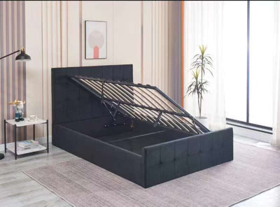 Milano Black Velvet Ottoman storage Gas Side Lift Bed bed frame Cushioned high headboard 110CM Height  4FT6 Double Bed Frame