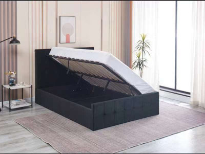Milano Black Velvet Ottoman Storage Gas Side Lift Bed Frame Cushioned High Headboard 110CM Height 3FT Single