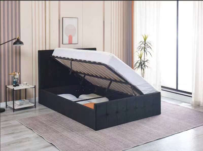 Milano Black Velvet Ottoman Storage Gas Side Lift Bed Frame Cushioned High Headboard 110CM Height 3FT Single