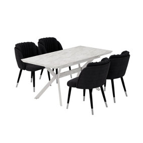 Milano Blaze LUX Extendable Dining Set, a White Dining Table with 4 Black/Silver Dining Chairs