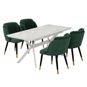 Milano Blaze LUX Extendable Dining Set, a White Dining Table with 4 Green/Gold Dining Chairs
