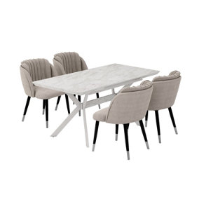 Milano Blaze LUX Extendable Dining Set, a White Dining Table with 4 Grey/Silver Dining Chairs