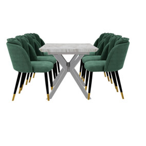 Milano Blaze LUX Extendable Dining Set, a White Dining Table with 6 Green/Gold Dining Chairs
