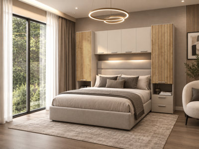 Milano Cashmere Taupe and Slatted Oak Effect Overbed Storage Unit with ...
