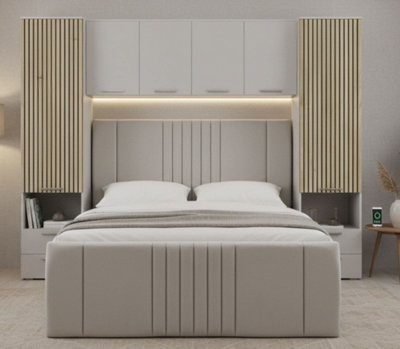 MILANO CASHMERE TAUPE AND SLATTED OAK EFFECT OVERBED STORAGE UNIT WITH ...