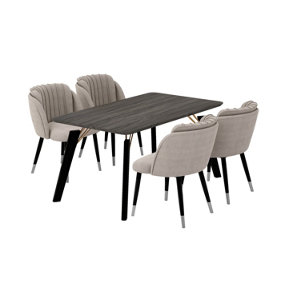 Milano Cosmo LUX Dining Set, a Black Dining Table with 4 Grey/Silver Dining Chairs