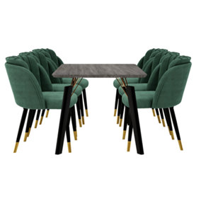 Milano Cosmo LUX Dining Set, a Black Dining Table with 6 Green/Gold Dining Chairs