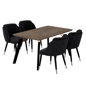 Milano Cosmo LUX Dining Set, a Walnut Dining Table with 4 Black/Silver Dining Chairs