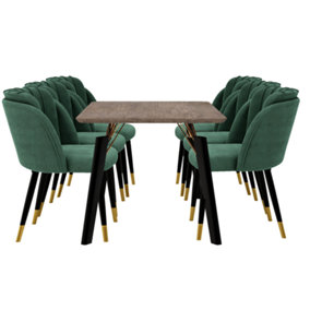 Milano Cosmo LUX Dining Set, a Walnut Dining Table with 6 Green/Gold Dining Chairs