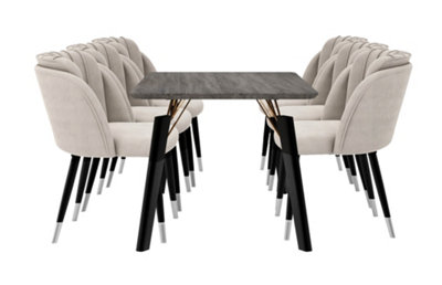 Milano Cosmo LUX Dining Set, a Walnut Dining Table with 6 Grey/Silver Dining Chairs