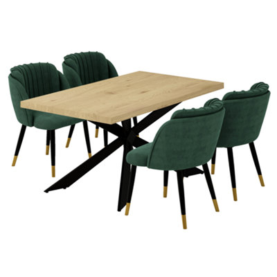 Milano Duke LUX Dining Set, a Oak Dining Table with 4 Green/Gold Dining ...